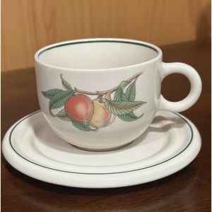 Epoch Cup and Saucer 8 Oz Cream Stoneware Fruit 🍇 🍑 and Leaves.
